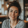 Femme souriante dans un intérieur chaleureux.